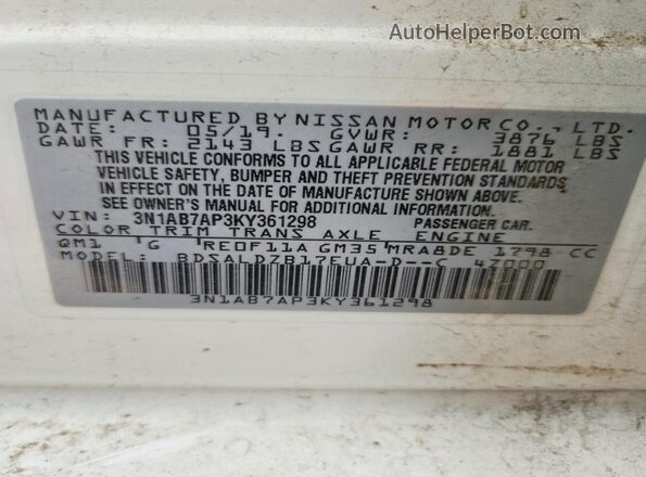 3N1AB7AP3KY361298 2019 NISSAN SENTRA Белый Вид подкапотного пространства