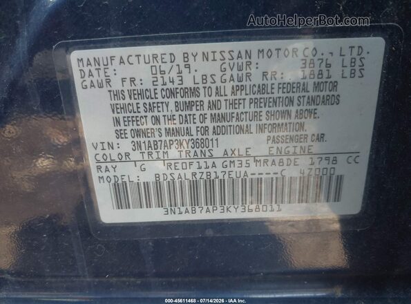 3N1AB7AP3KY368011 2019 NISSAN SENTRA Blue Widok komory silnika
