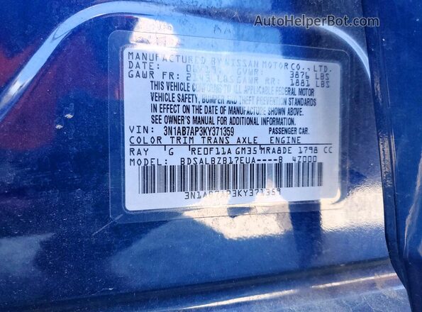 3N1AB7AP3KY371359 2019 NISSAN SENTRA Blue Շարժիչի բաժամունքի տեսք