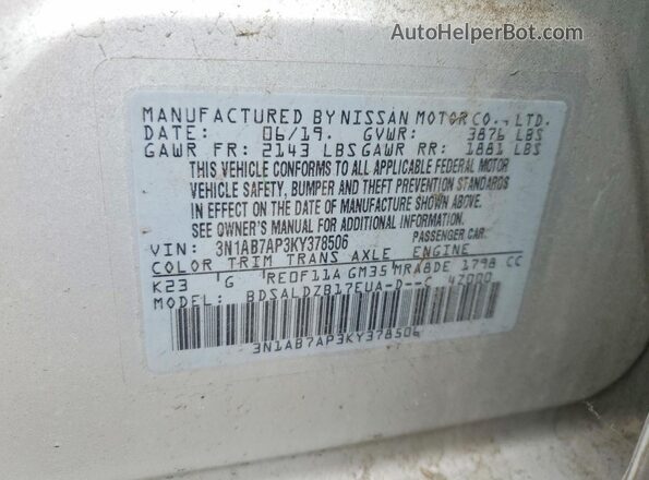 3N1AB7AP3KY378506 2019 NISSAN SENTRA Серебряный Вид наклейки с VIN-кодом