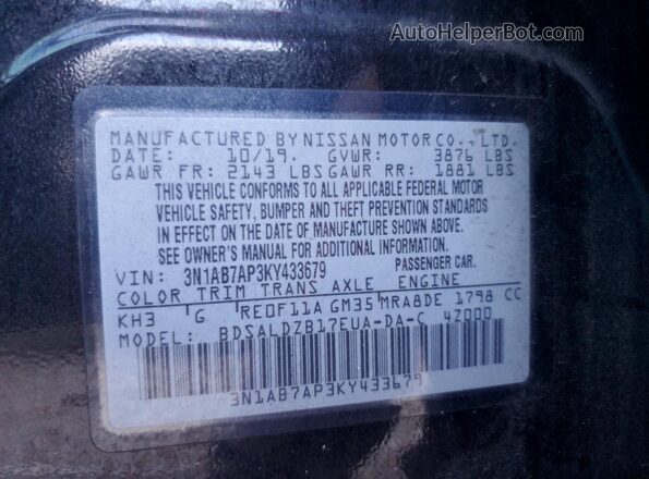 3N1AB7AP3KY433679 2019 NISSAN SENTRA Black VIN კოდის სტიკერის ხედი