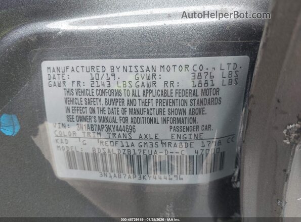 3N1AB7AP3KY444696 2019 NISSAN SENTRA Gray Շարժիչի բաժամունքի տեսք