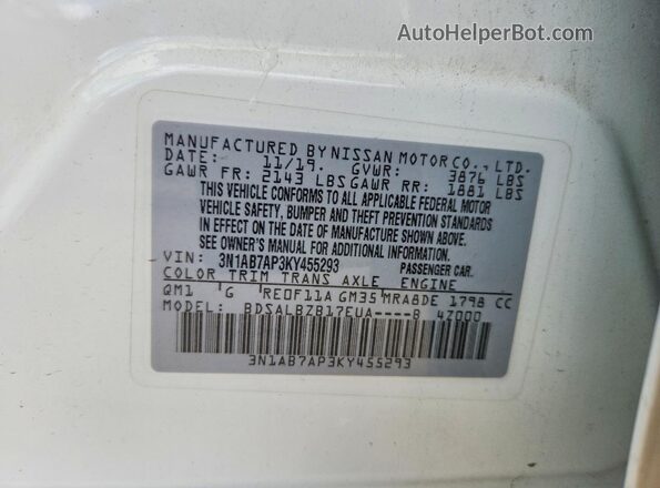 3N1AB7AP3KY455293 2019 NISSAN SENTRA Белый Вид наклейки с VIN-кодом