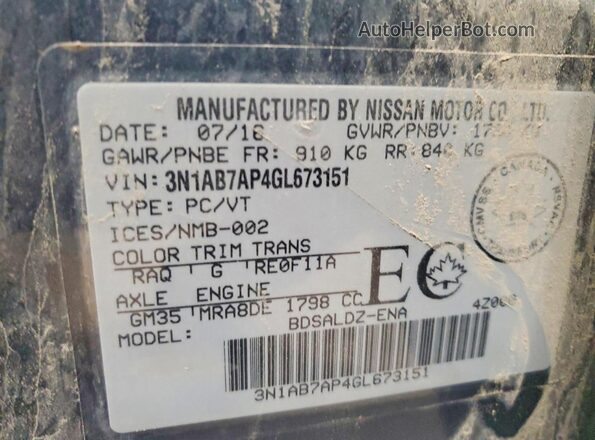 3N1AB7AP4GL673151 2016 NISSAN SENTRA Blue Vista de la etiqueta del VIN