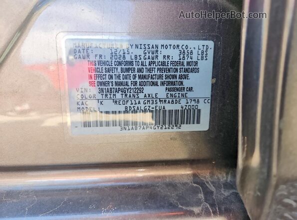 3N1AB7AP4GY212292 2016 NISSAN SENTRA Tan Vista de la etiqueta del VIN