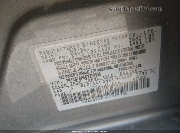 3N1AB7AP4GY259936 2016 NISSAN SENTRA Gray Widok komory silnika
