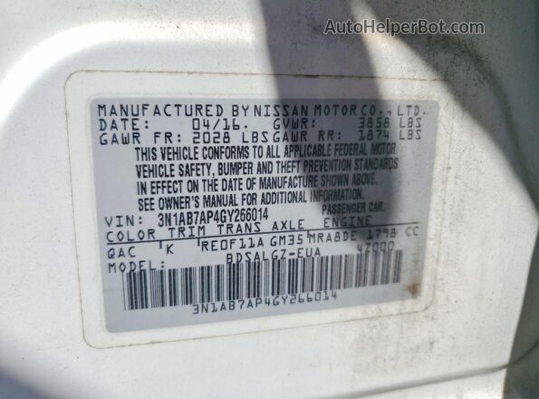 3N1AB7AP4GY266014 2016 NISSAN SENTRA White Вид підкапотного простору