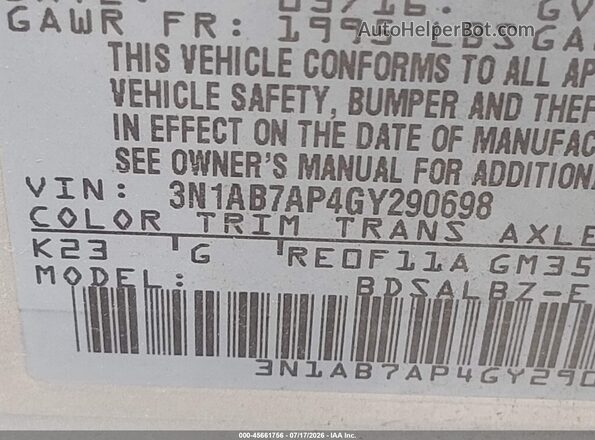 3N1AB7AP4GY290698 2016 NISSAN SENTRA Серебряный Вид подкапотного пространства
