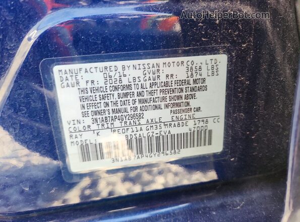 3N1AB7AP4GY296582 2016 NISSAN SENTRA Black Vista del compartimento del motor
