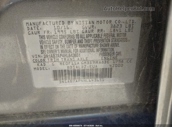3N1AB7AP4HL643651 2017 NISSAN SENTRA Gray Widok komory silnika