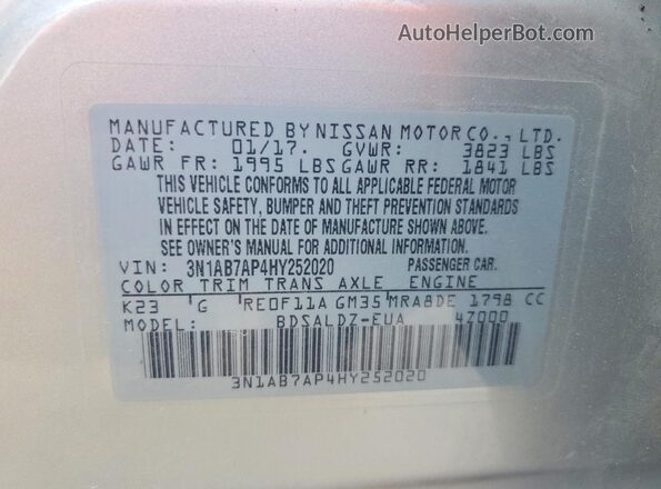 3N1AB7AP4HY252020 2017 NISSAN SENTRA Silver Вид наклейки з VIN-кодом