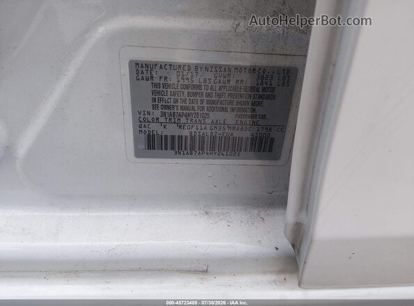 3N1AB7AP4HY261025 2017 NISSAN SENTRA White Vista del compartimento del motor