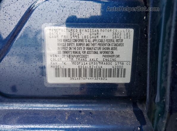 3N1AB7AP4HY324821 2017 NISSAN SENTRA Blue VIN კოდის სტიკერის ხედი