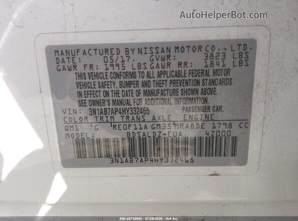 3N1AB7AP4HY332465 2017 NISSAN SENTRA White Engine compartment view