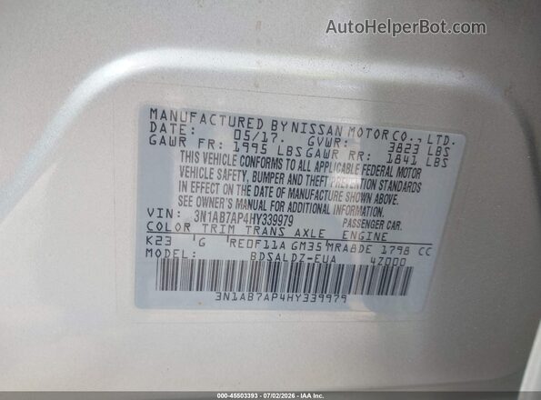 3N1AB7AP4HY339979 2017 NISSAN SENTRA Silver Շարժիչի բաժամունքի տեսք