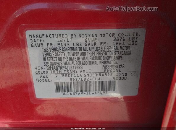 3N1AB7AP4JL617623 2018 NISSAN SENTRA Red ძრავის განყოფილების ხედი