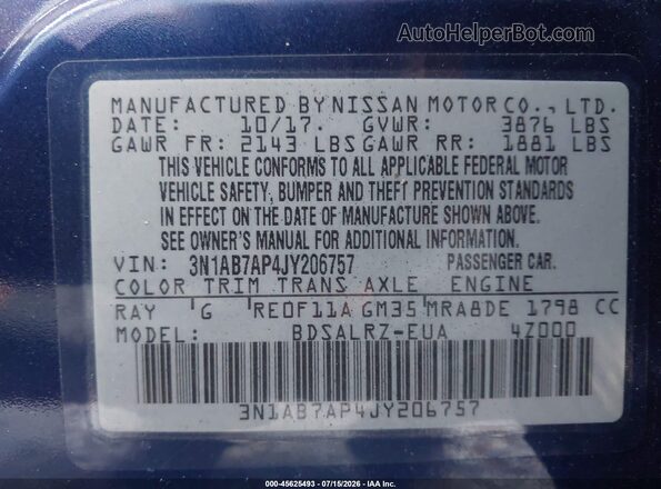 3N1AB7AP4JY206757 2018 NISSAN SENTRA Dark Blue Widok komory silnika