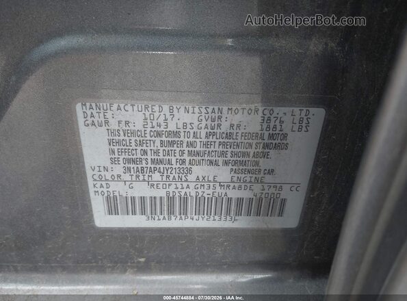 3N1AB7AP4JY213336 2018 NISSAN SENTRA Gray Вид підкапотного простору