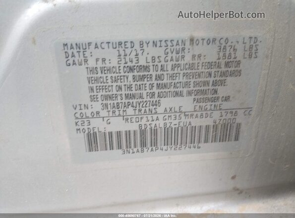 3N1AB7AP4JY227446 2018 NISSAN SENTRA Серебряный Вид подкапотного пространства