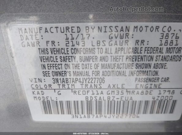 3N1AB7AP4JY227706 2018 NISSAN SENTRA Gray Widok komory silnika