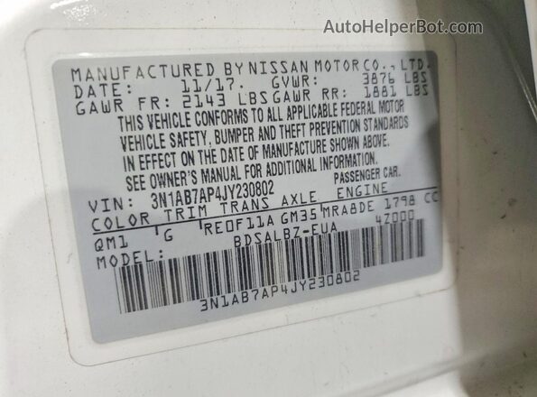 3N1AB7AP4JY230802 2018 NISSAN SENTRA Белый Вид подкапотного пространства