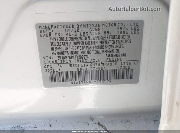 3N1AB7AP4JY299974 2018 NISSAN SENTRA Белый Вид подкапотного пространства