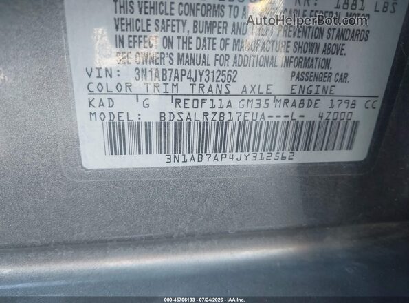 3N1AB7AP4JY312562 2018 NISSAN SENTRA Gray Widok komory silnika