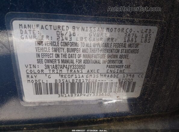 3N1AB7AP4JY333850 2018 NISSAN SENTRA Blue Widok komory silnika