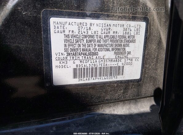 3N1AB7AP4KL603593 2019 NISSAN SENTRA Black Вид підкапотного простору
