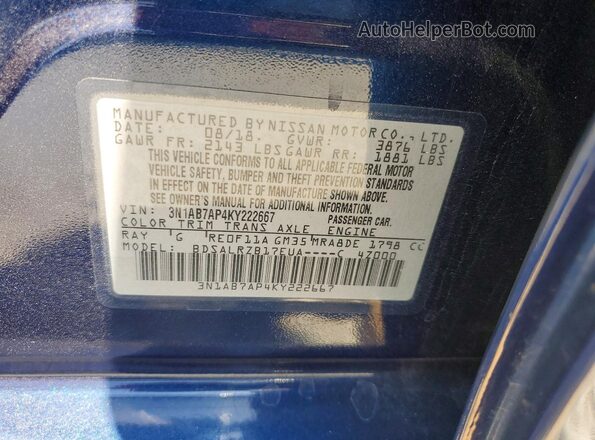 3N1AB7AP4KY222667 2019 NISSAN SENTRA Blue Вид наклейки з VIN-кодом
