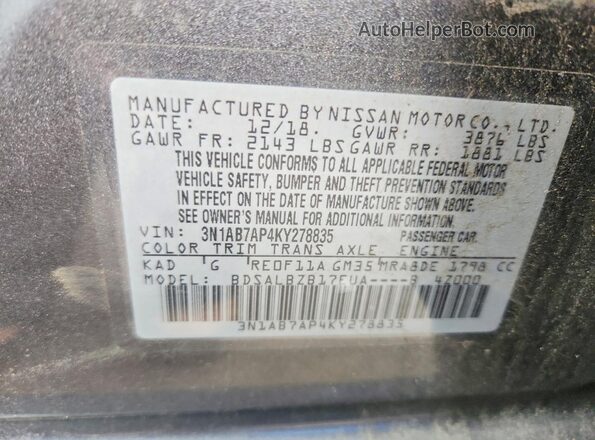 3N1AB7AP4KY278835 2019 NISSAN SENTRA Gray Engine compartment view
