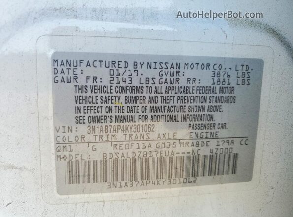 3N1AB7AP4KY301062 2019 NISSAN SENTRA White Vista del compartimento del motor