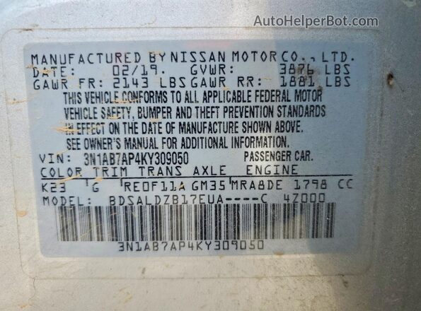 3N1AB7AP4KY309050 2019 NISSAN SENTRA Silver VIN կոդի պիտակի տեսք