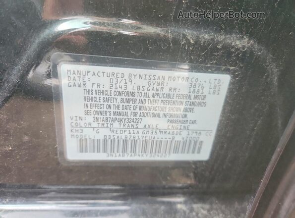 3N1AB7AP4KY324227 2019 NISSAN SENTRA Black Widok komory silnika