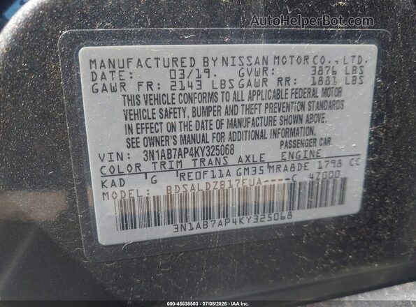 3N1AB7AP4KY325068 2019 NISSAN SENTRA Gray Engine compartment view