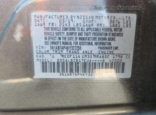 3N1AB7AP4KY327256 2019 NISSAN SENTRA Gray Widok komory silnika