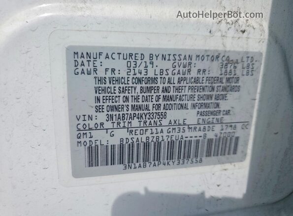 3N1AB7AP4KY337558 2019 NISSAN SENTRA White Вид підкапотного простору