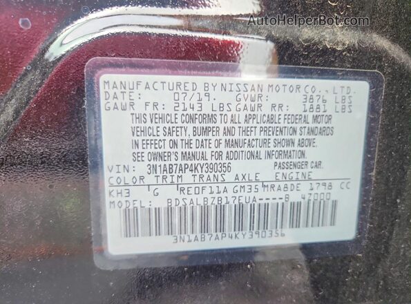 3N1AB7AP4KY390356 2019 NISSAN SENTRA Black Вид наклейки з VIN-кодом