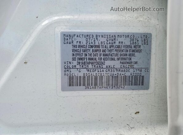 3N1AB7AP4KY393242 2019 NISSAN SENTRA White Շարժիչի բաժամունքի տեսք