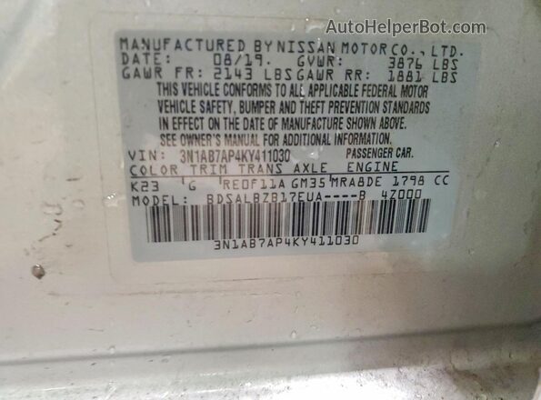 3N1AB7AP4KY411030 2019 NISSAN SENTRA Silver Widok naklejki z numerem VIN