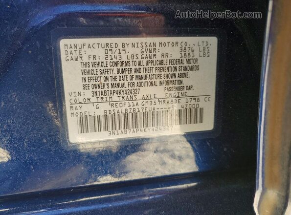 3N1AB7AP4KY424327 2019 NISSAN SENTRA Синий Вид подкапотного пространства