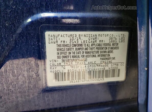 3N1AB7AP4KY444643 2019 NISSAN SENTRA Blue Widok naklejki z numerem VIN
