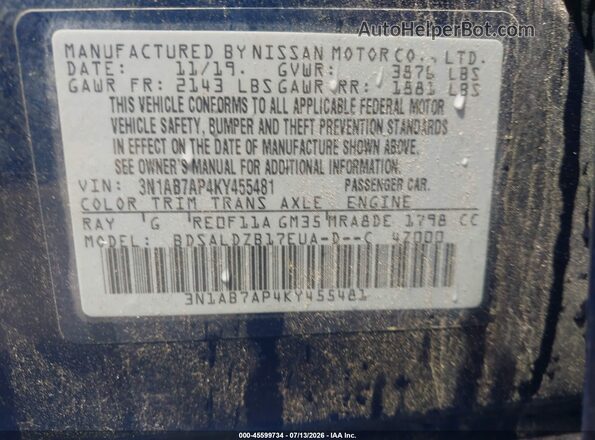3N1AB7AP4KY455481 2019 NISSAN SENTRA Blue Vista del compartimento del motor