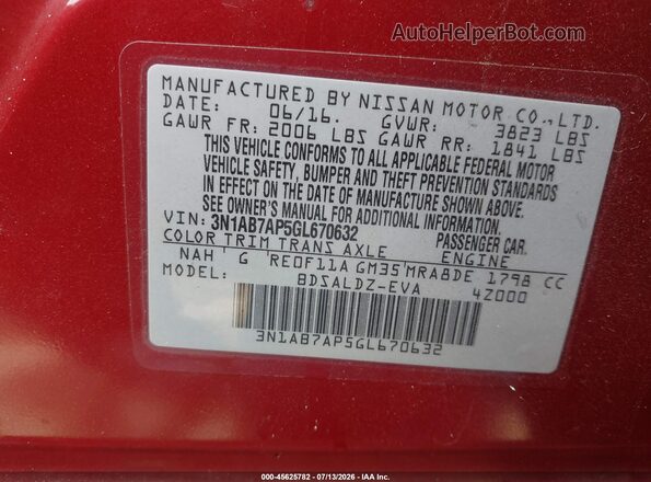 3N1AB7AP5GL670632 2016 NISSAN SENTRA Red Vista del compartimento del motor