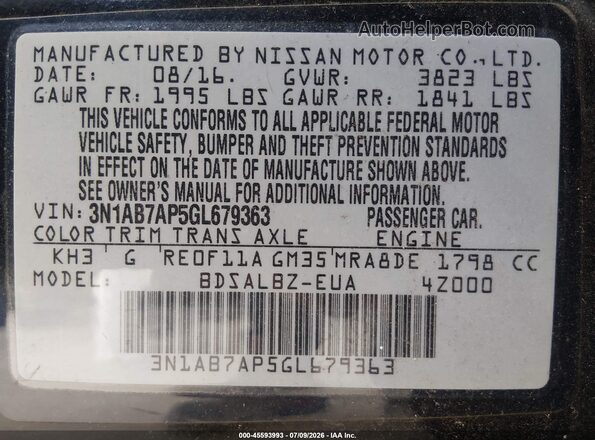 3N1AB7AP5GL679363 2016 NISSAN SENTRA Black ძრავის განყოფილების ხედი