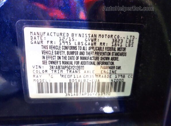 3N1AB7AP5GY213970 2016 NISSAN SENTRA Blue Vista del compartimento del motor