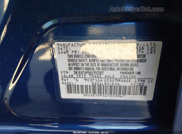 3N1AB7AP5GY253367 2016 NISSAN SENTRA Blue Widok komory silnika