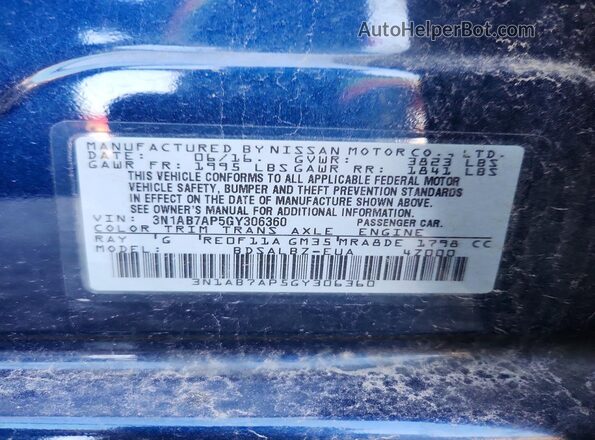 3N1AB7AP5GY306360 2016 NISSAN SENTRA Blue Widok komory silnika