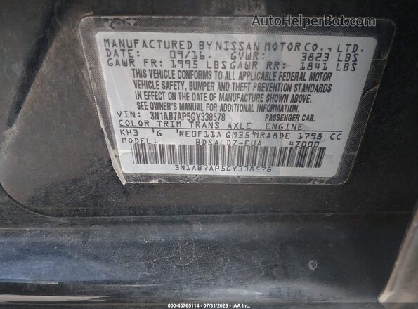 3N1AB7AP5GY338578 2016 NISSAN SENTRA Black Widok komory silnika
