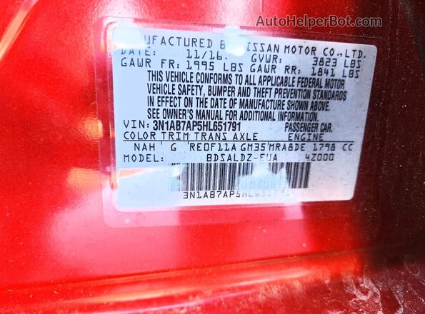 3N1AB7AP5HL651791 2017 NISSAN SENTRA Red ძრავის განყოფილების ხედი